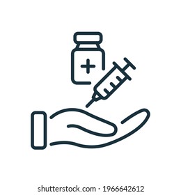 Get Vaccine Against Coronavirus line icon. Palm with Syringe and Bottle. Syringe and Vaccine Vial flat line icon. Treatment for Coronavirus Covid-19. Editable stroke. Vector illustration.