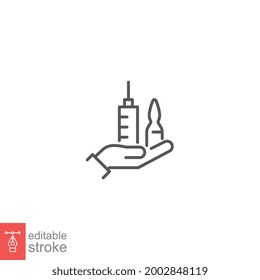 Get vaccine, syringe, press, hand line icon. health Medical ampules and shot injection for immunization and vaccination. Medicine. Editable stroke vector illustration design on white background EPS 10