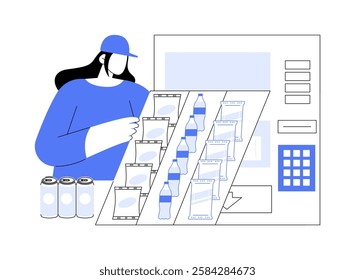 Get vending machine supplies isolated cartoon vector illustrations. Vending machine owner refill it with snacks and drinks, stock maintenance, small business, check supplies vector cartoon.