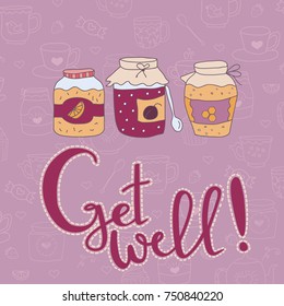 Get well greeting card with hand drawn doodle jam jars