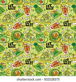 Get well. Lettering. Teapot. Hot tea with lemon. Pills. Knitted hat and scarf. Mulled wine and honey. Seamless vector pattern (background).