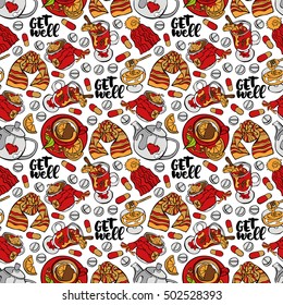 Get well. Lettering. Teapot. Hot tea with lemon. Pills. Knitted hat and scarf. Mulled wine and honey. Seamless vector pattern (background).