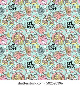Get well. Lettering. Teapot. Hot tea with lemon. Pills. Knitted hat and scarf. Mulled wine and honey. Seamless vector pattern (background).