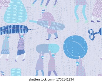 Get Well Seamless Pattern. Medical Illustration for Coronavirus Recovery. Retro Health Care Print. Poster with Cartoon Fun Men in Stopping COVID 19. Greeting Vector Pattern with Positive Doctors.