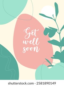 Get well soon, abstract botanical poster, boho style card.
