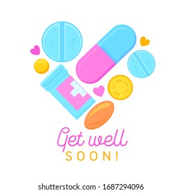 Get Well Soon Banner with Cartoon Pills, Medicine Tablets and Hand Written Typography. Wish Health to Friend Isolated on White Background. Card, Badge of Simple Design. Cartoon Vector Illustration