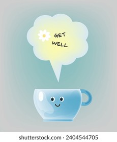 Te pondrás bien pronto con una taza de té caliente de hierbas. Dibujo vectorial 3d del personaje kawaii de la caricatura taza de té