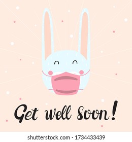 Get Well Soon card design with cute bunny wearing medical face mask.Hand lettering for greeting card, poster, banner, sticker and print. Cute vector illustration in scandinavian style. Doodle design. 