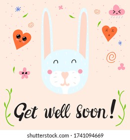 Get Well Soon card design with cute bunny. Hand lettering for greeting card, poster, banner, sticker and print. Nordic animal.  Cute vector illustration in scandinavian style. Doodle design. 