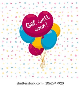 Get well soon card with heart shaped balloon and hand drawn lettering. Decorative poster with handwritten inscription. Editable vector graphics illustration. 