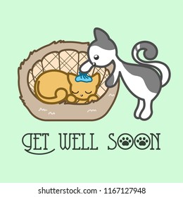 Get well soon card illustration with two cats. Cute animal cartoon greeting cards. 