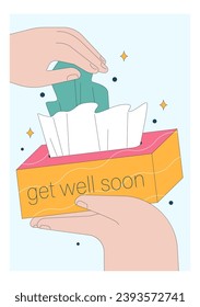 Get well soon card. Positive and motivational poster with greeting quote. Medicine postcard with feel better lettering. Recovery affirmation and wishes. Flat vector Illustration