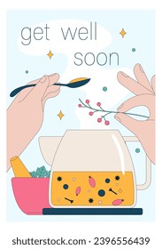 Get well soon card. Positive and motivational poster with greeting quote. Medicine postcard with feel better lettering. Recovery affirmation and wishes. Flat vector Illustration