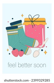 Get well soon card. Positive and motivational poster with greeting quote. Medicine postcard with feel better lettering. Recovery affirmation and wishes. Flat vector Illustration