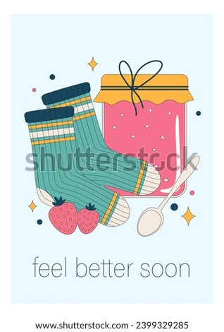 Get well soon card. Positive and motivational poster with greeting quote. Medicine postcard with feel better lettering. Recovery affirmation and wishes. Flat vector Illustration