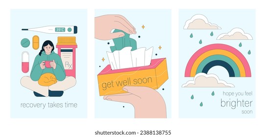 Get well soon card set. Positive and motivational poster with greeting quote. Medicine postcard with feel better lettering. Recovery affirmation and wishes. Flat vector Illustration