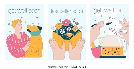 Get well soon card set. Positive and motivational poster with greeting quote. Medicine postcard with feel better lettering. Recovery affirmation and wishes. Flat vector Illustration