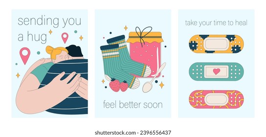 Get well soon card set. Positive and motivational poster with greeting quote. Medicine postcard with feel better lettering. Recovery affirmation and wishes. Flat vector Illustration