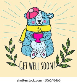 Get well soon card with teddy bear. Vector illustrated card.