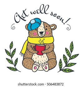 Get well soon card with teddy bear. Vector illustrated card.