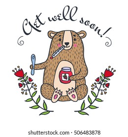 Get well soon card with teddy bear and jam. Vector illustrated card.
