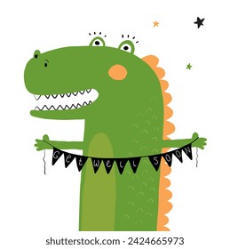 Get Well Soon. Cute Hand Drawn Vector Card with Alligator and Warm Wishes For a Speedy Recovery. Infantile Style Print with Friendy Happy Crocodile on a White Background. 