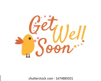 Get Well Soon Cute Motivational Greeting with Bird Illustration and Flowers