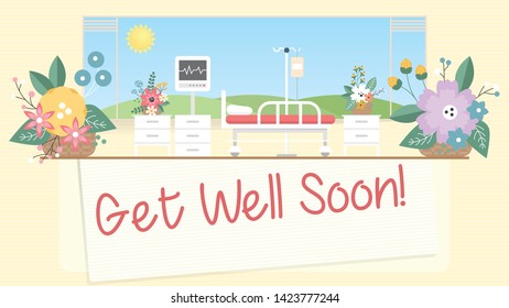 GET WELL SOON greeting card with a hospital room with 4 flower baskets with a large window where you can see the green mountains and the sun with yellow background. Vector image