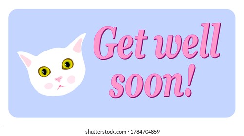 Get well soon greeting card. Kitten face. Violet background