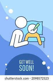 Get Well Soon Greeting Card With Color Icon Element. Reassuring Words For Ill Person. Postcard Vector Design. Decorative Flyer With Creative Illustration. Notecard With Congratulatory Message