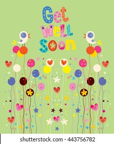 Get well soon nature card with birds, flowers and hearts