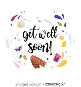 Get well soon poster with 'Get well soon' inscription in the middle and different treatment atdibutes around.
