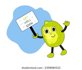 Get well soon. Retro character lemon in trendy groovy 70s style. Vector cartoon illustration.