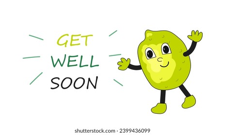 Get well soon. Retro character lemon in trendy groovy 70s style. Vector cartoon illustration.