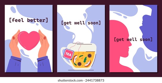 Get well soon set. Hands with heart and tea in glass. Comfort and coziness. Mental wellbeing and relaxation, care about felings. Cartoon flat vector collection isolated on blue background