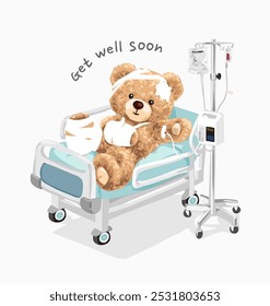 get well soon slogan with bear doll on patient bed vector illustration