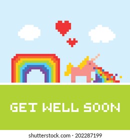 "Get well soon unicorn" vector illustration card