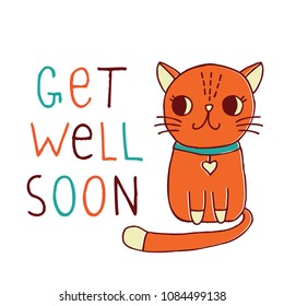 Get Well Soon, Vector Card With A Hand Drawn Red Cat