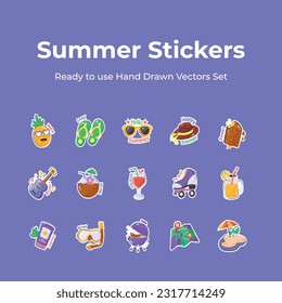 Get you hands on this creatively designed hand drawn stickers of summer vacation, travel and adventure vectors