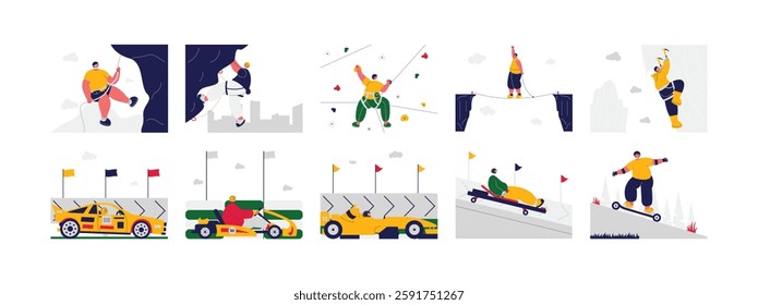 Get your adrenaline pumping by rock climbing and riding cars and skateboards of various types at high speed, vector illustration.