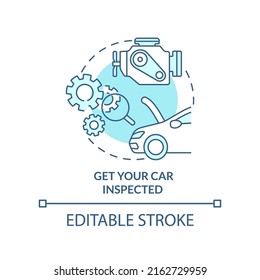 Get your car inspected turquoise concept icon. Technical examination. Road trip abstract idea thin line illustration. Isolated outline drawing. Editable stroke. Arial, Myriad Pro-Bold fonts used