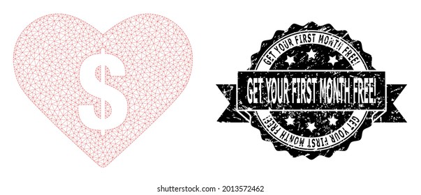 Obtén tu primer mes de exclamación gratuita estampado sucio y modelo de malla de precio de amor vectorial. El sello negro tiene tu primera etiqueta de exclamación gratuita en cinta y rosette. Resumen del precio de amor de malla plana