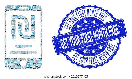 Get Your First Month Free grunge round stamp seal and vector fractal collage shekel mobile account. Blue stamp has Get Your First Month Free tag inside round shape.