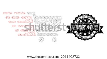 Get Your First Month Free rubber seal print and vector supermarket cart mesh model. Black stamp seal contains Get Your First Month Free caption inside ribbon and rosette.