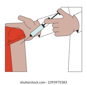 Get your flu shot 2D linear cartoon hands close-up. Patient vaccination isolated line vector arms closeup white background. Deltoid injection syringe vaccine. Immunization color flat spot illustration