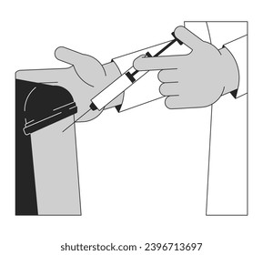 Cállate la mano de la caricatura de la línea 2D en blanco y negro contra la gripe. Vacunación de pacientes aislados de los brazos de contorno vectorial se cierran. Vacuna de inyección de Deltoid. Ilustración monocromática plana de inmunización