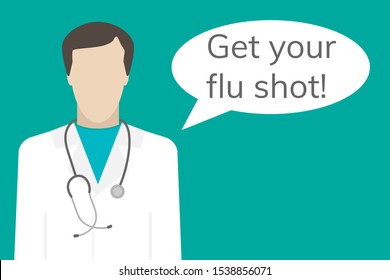 Get your flu shot and doctor with copy space. European doctor in a white coat with stethoscope talking about vaccination. 