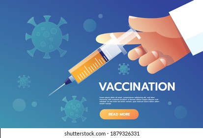 Get your flu shot. Doctor hand with syringe. Medicine and vaccination, bottle injection, vector illustration.