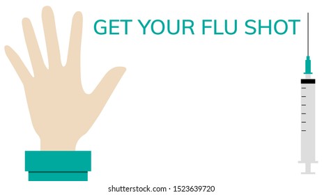 Get your flu shot. The doctor's hand and the syringe with the text and copy space.