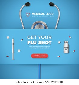 Get Your Flu shot healthcare banner with syringe, logo and flat icons on blue background. Excellent for medicine, health, cross and decoration for poster, social media, posts, web, cover. 